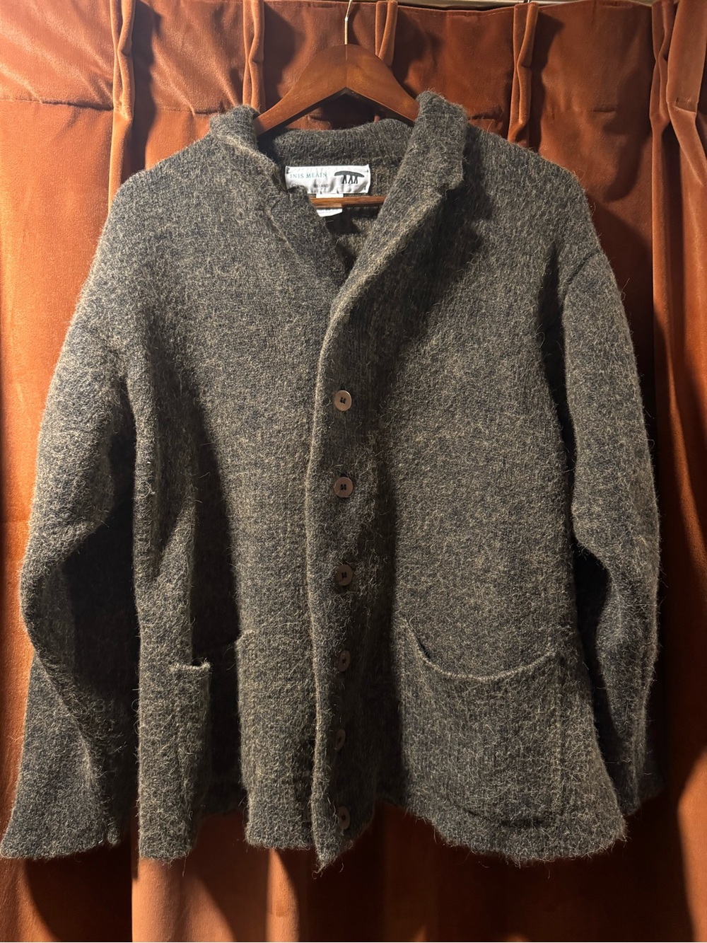 Inis Meáin Pub Jacket Cardigan 50% Alpaca 50% Linen Made in Ireland Brown Gray